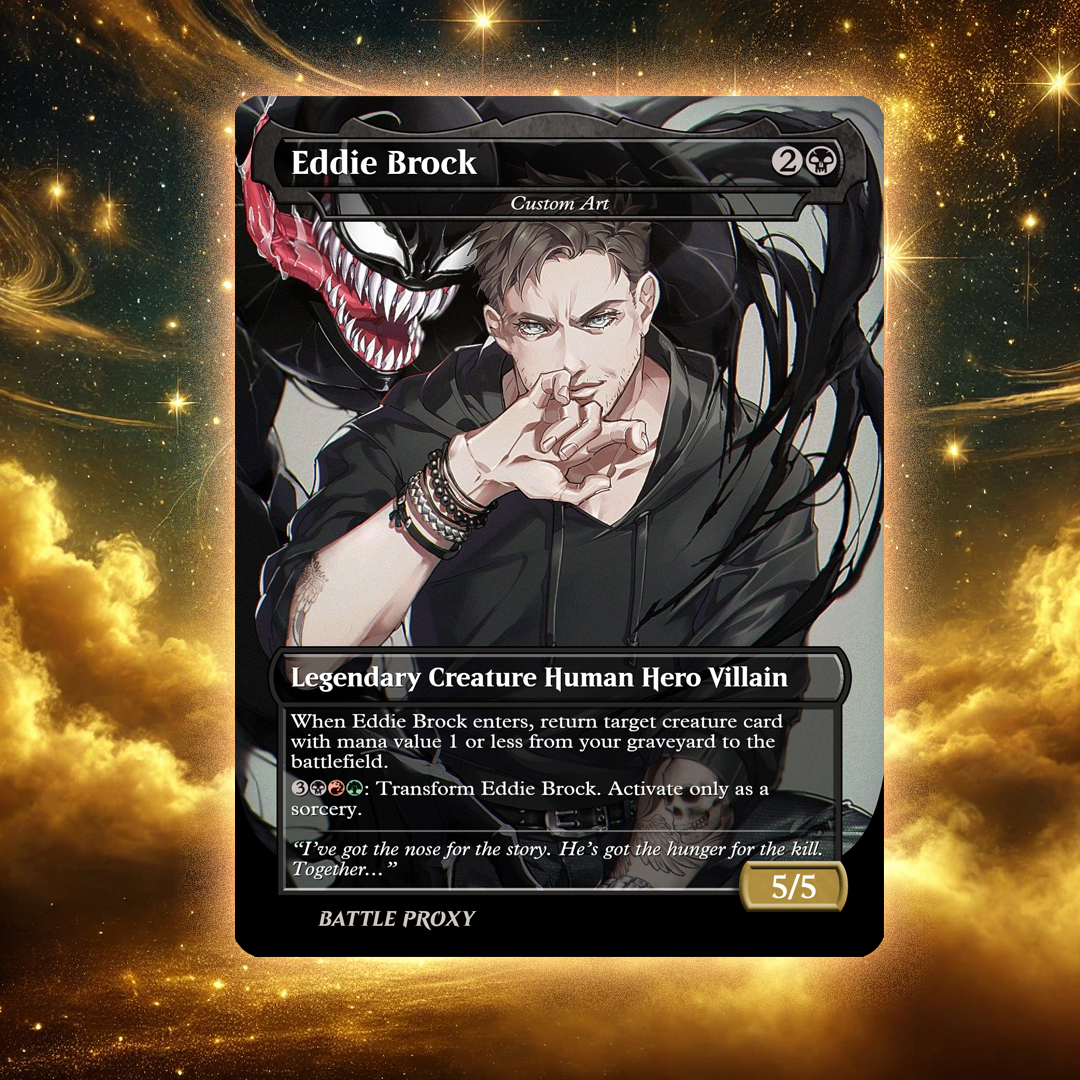 Card featuring Eddie Brock with Venom on a cosmic background