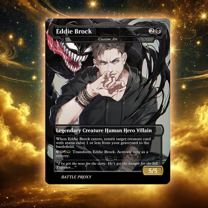 Card featuring Eddie Brock with Venom on a cosmic background